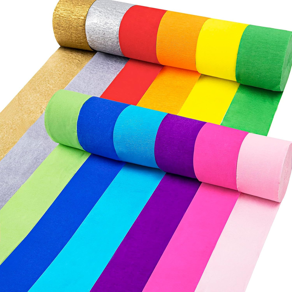 12 Rolls 984Ft Crepe Paper Streamers in 12 Colors for Rainbow Party Decorations