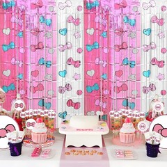 Birthday Party Decorations Tinsel Foil Fringe Curtains Cartoon Cat Theme Pink…