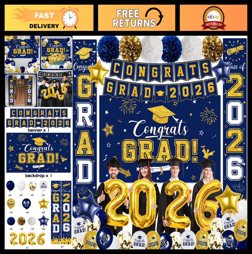 Navy Blue & Gold Graduation Decorations 2026 – Congrats Grad Backdrop, Banner, B