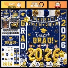 Navy Blue & Gold Graduation Decorations 2026 – Congrats Grad Backdrop, Banner, B