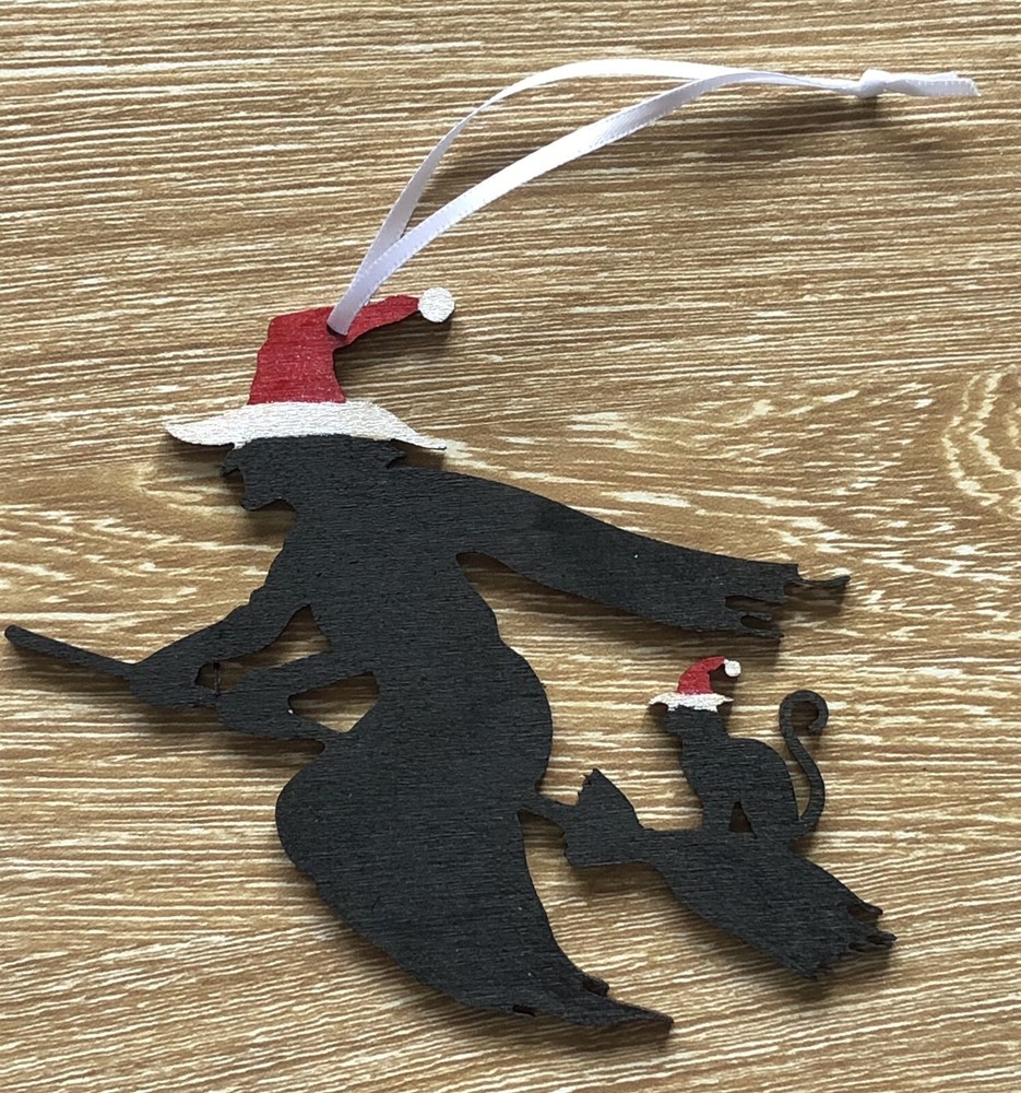 halloween / Christmas hanging Witch & Cat. Laser Cut Painted Plywood.