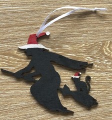 halloween / Christmas hanging Witch & Cat. Laser Cut Painted Plywood.