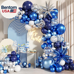 Blue White Silver Balloon Garland Arch Kit, 140Pcs Navy Light Metallic Blue Silv