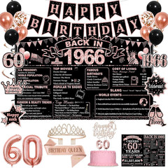 60Th Birthday Decorations, Rose Gold Black Back in 1966 Party Supplies Kit with
