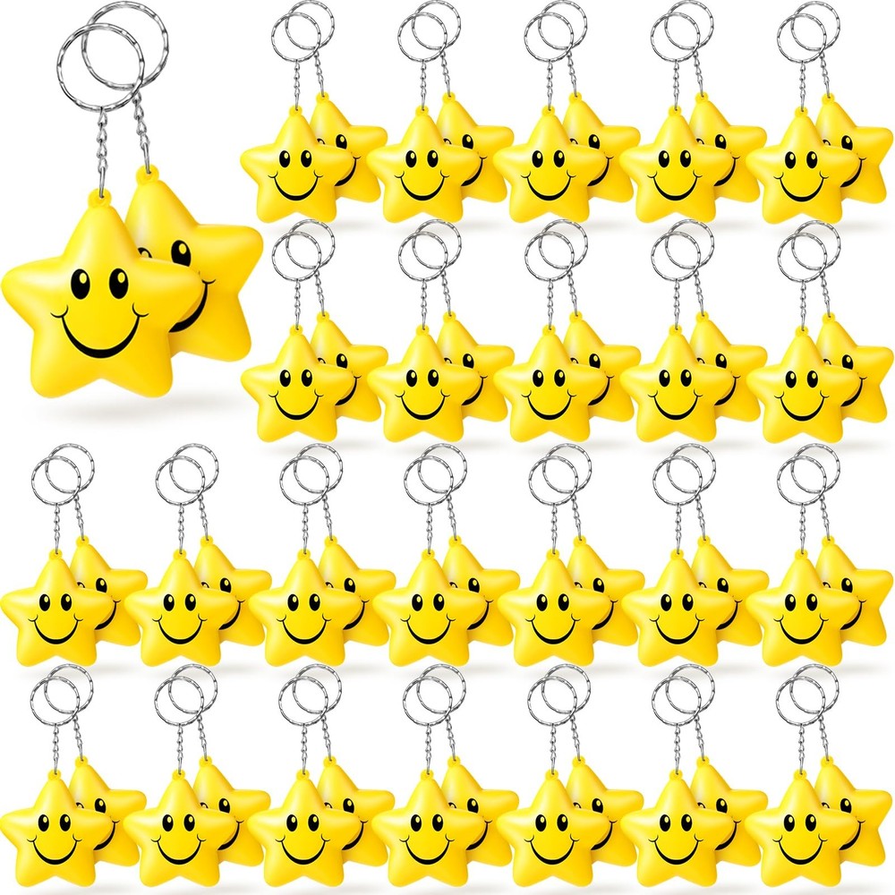 48 Pcs Star Stress Ball Keychains Bulk Party Favor, Smile Face Mini Foam Ball…