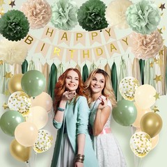 Sage Green Party Decorations with Banner, Tissue Tassels, Pompoms, Balloons, …