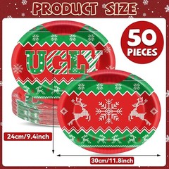 50 Piece Oval Ugly Sweater Christmas Dinner Disposable Paper Plate Platters