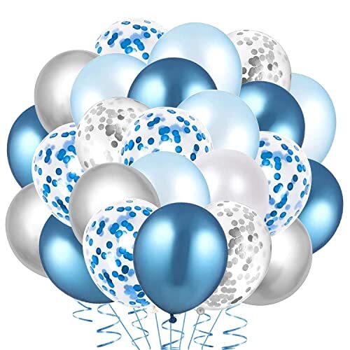 60 Light Blue, White, Silver Metallic Balloons Confetti Decoration for Birthday