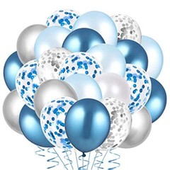 60 Light Blue, White, Silver Metallic Balloons Confetti Decoration for Birthday