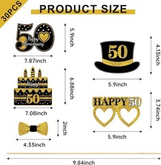 30Pcs Photo Booth Props Black & Gold 50th Anniversary Decorations Happy 50th