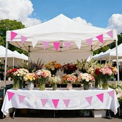 Pink and White Gingham Fabric Bunting Banner, 32Ft Cotton Burlap Triangle Gar…