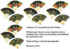 12pc Exotic Flowers & Flamingos Folding Paper & Wood Hand-Held Fans Favors #817