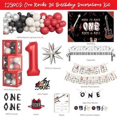 Rock and Roll 1st Birthday Decorations Set – Backdrop, Balloons, Cake Topper & M