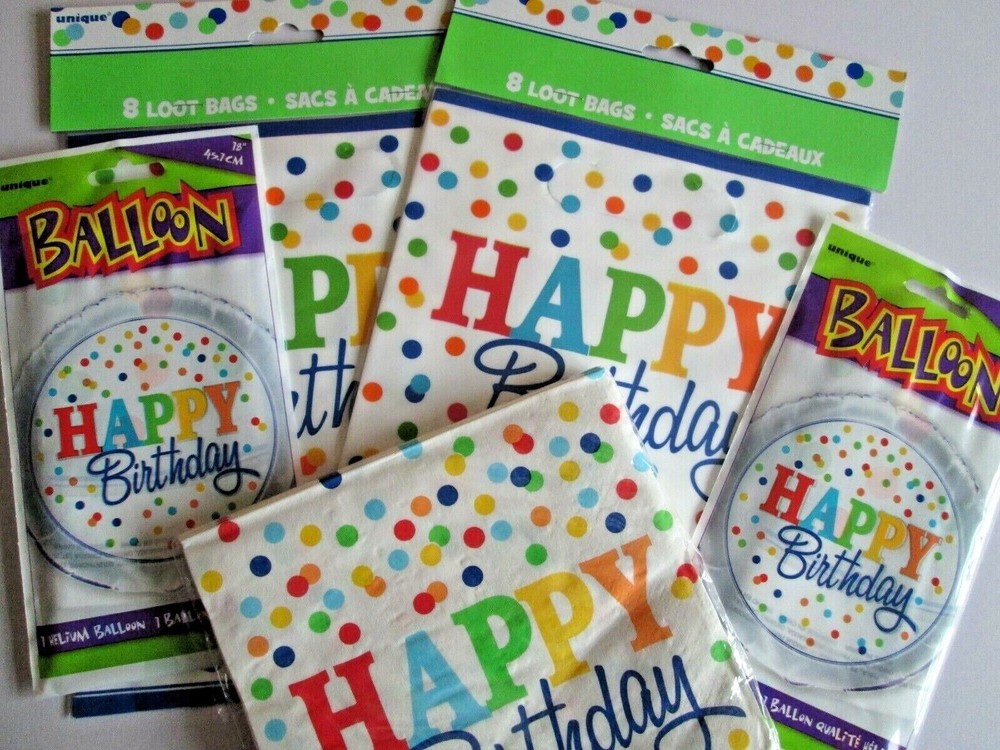 Rainbow Polka Dots – Happy Birthday Pack – Loot Bags + Napkin + Balloons