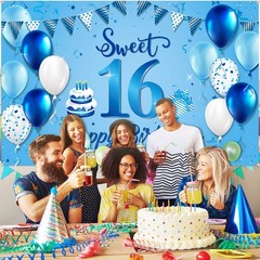 Blulu Happy 16th Birthday Decorations for Boys Girls Extra 185 x 110 cm, blue