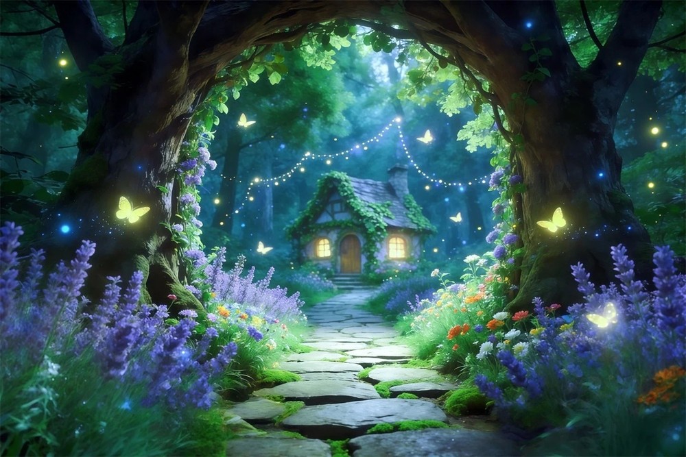 Magical Forest Backdrop Firefly Cottage Garden Background Photo Banner Party