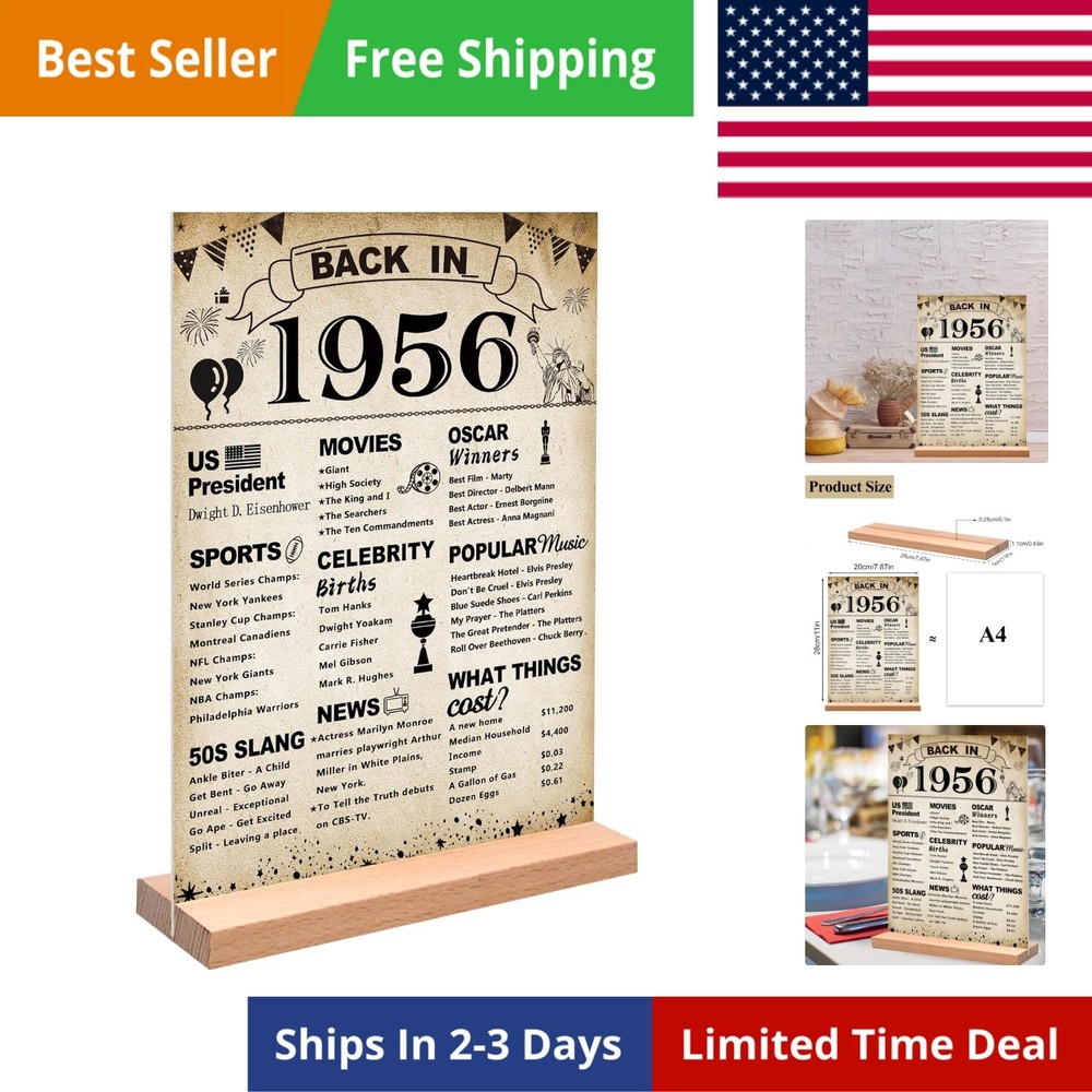 70th Birthday Party Decorations, Vintage Back in 1956 Poster Acrylic Sign wit…