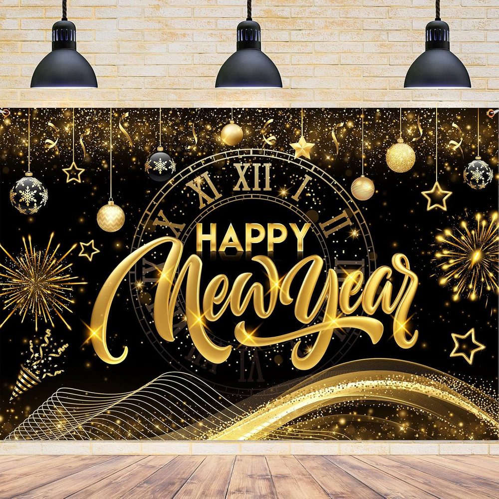 New Year 2025 Gold Banner, Decorations Backdrop for New Year’S Eve Parties
