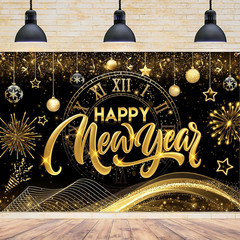 New Year 2025 Gold Banner, Decorations Backdrop for New Year’S Eve Parties