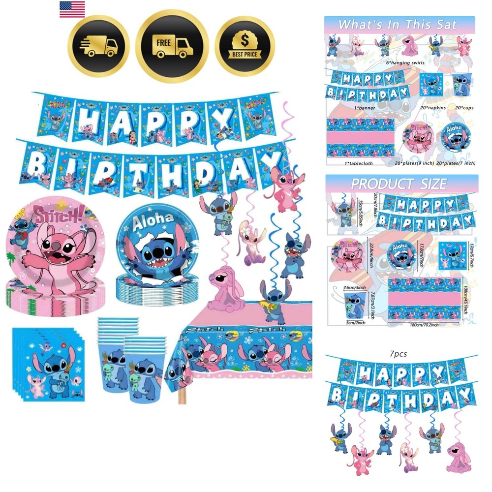 Vibrant 88PCS Stitch Birthday Decorations: Fun Plates, Cups & Swirls Included