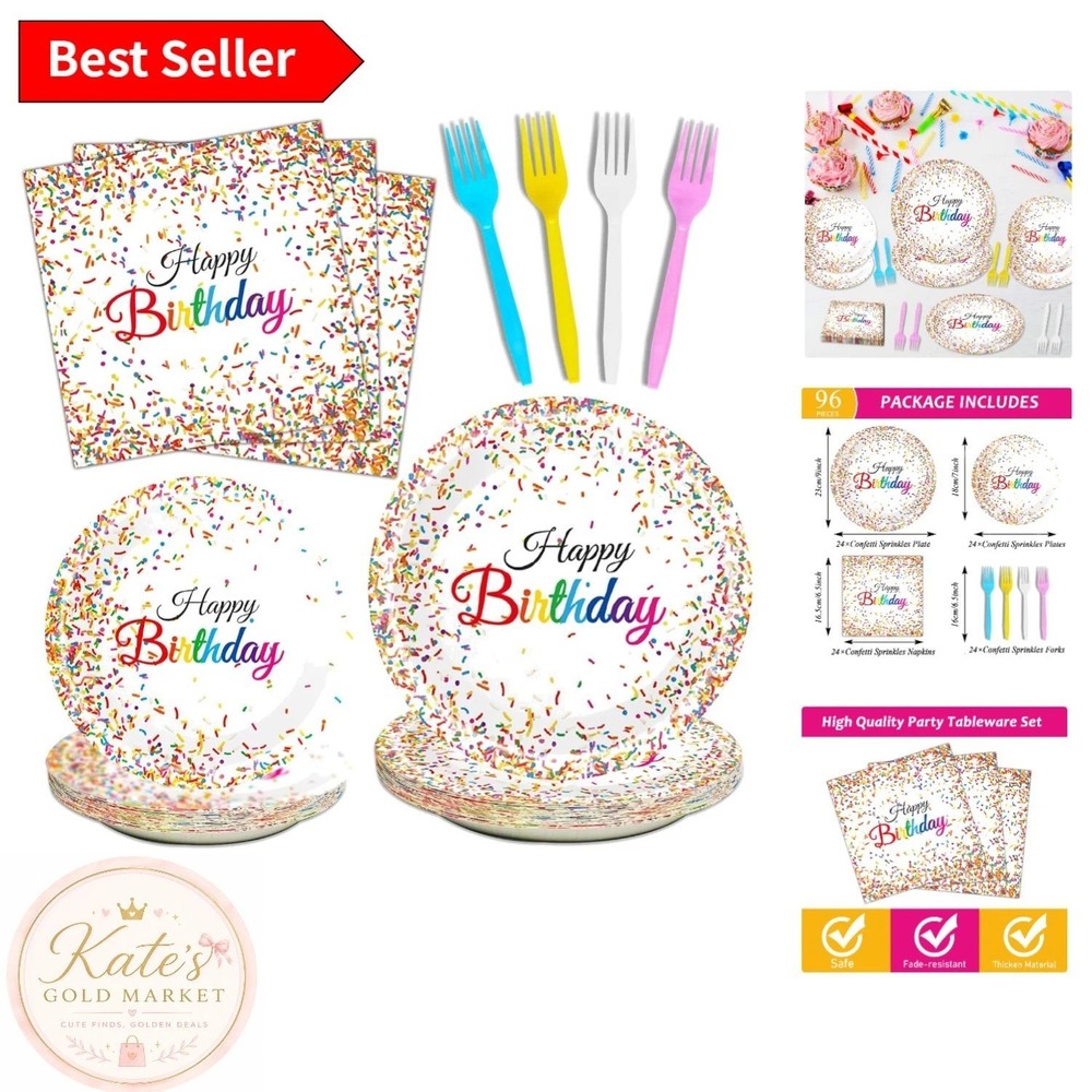 Festive 96-Piece Birthday Tableware Set – Confetti Sprinkles Theme for 24 Guests