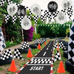 Race Car Party Decorations Set – 61 Pcs with Traffic Cones, Checkered Flags, Rac