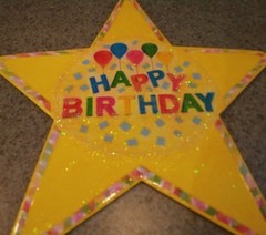 Happy Birthday STAR sign Handcrafted USA thin canvas on cardbrd cut-outs glitter