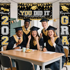 Graduation Decorations Class of 2026 Graduation Banner 3 Pieces Set Black Gold C