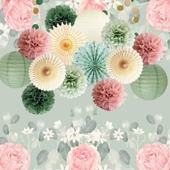 Party Decorations Sage Green Pink Pink Decor Tissue Pom Poms Paper Lanterns