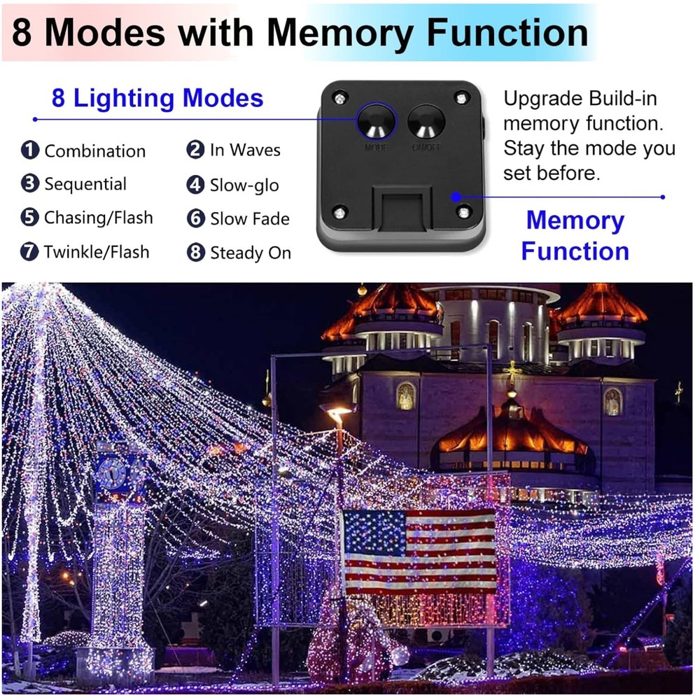 Red White Blue Fairy String Lights, 2Pack 200LED Waterproof