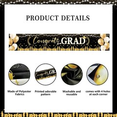 Large Black Gold Grad Class of 2026 Congrats Grad Banner 118×20 Inches