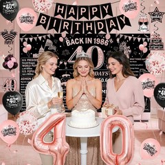 40th Birthday Decorations for Women – Rose Gold & Black Banner, Balloons, Cake T