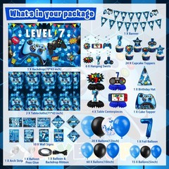 7th Birthday Decorations for Boys, 149Pcs Blue Video Game level 7 Party Suppl…
