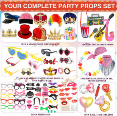 Fun Photo Booth Props Set – Hats, Glasses, Wigs for All Occasions!
