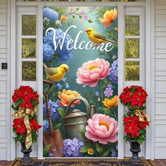 Spring Flower Bird Welcome Door Cover Decorations Floral Peony Hydrangea Yell…