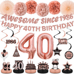 40Th Birthday Decorations Kit for Women, Rose Gold Happy 40Th Birthday Banner