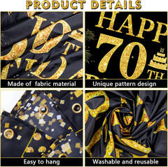 70th Birthday Decorations Banner Black Gold Backdrop Party Decor Men Women 71×45
