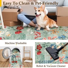 PureCozy Floral Runner Rug 2×7 Washable 2′ x 7′ (Runner), Classic Green