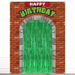 Turtle Birthday Party Porch Sign Brick Door Banner Green Tinsel Fringe Decor