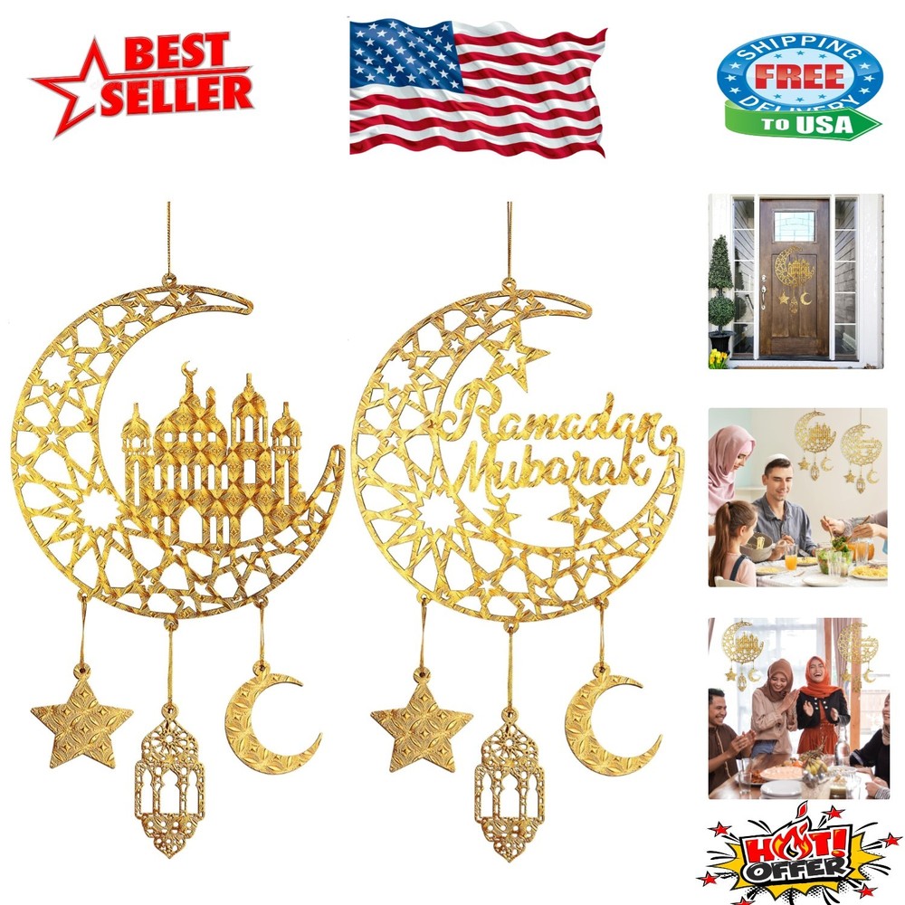 Classic Ramadan Ornaments: 2 Wooden Moon Decorations for Eid Celebrations