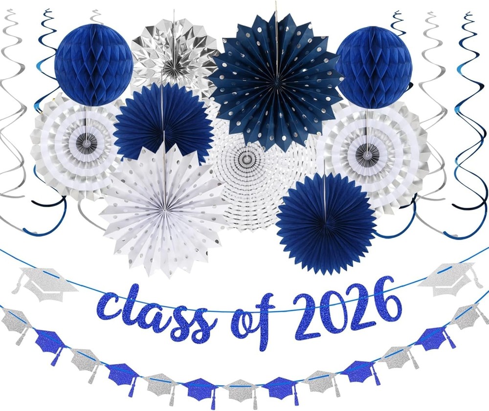 Navy-Blue Silver Party-Decorations Graduation Banner-Streamers 18 Pcs Kits Class