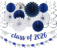 Navy-Blue Silver Party-Decorations Graduation Banner-Streamers 18 Pcs Kits Class