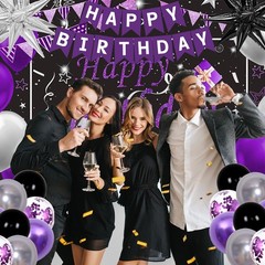 Black Purple Birthday Decorations for Women Girls Men, Purple and Silver Part…