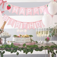 2Pcs Happy Banner, Strawberry Bow, Pink White