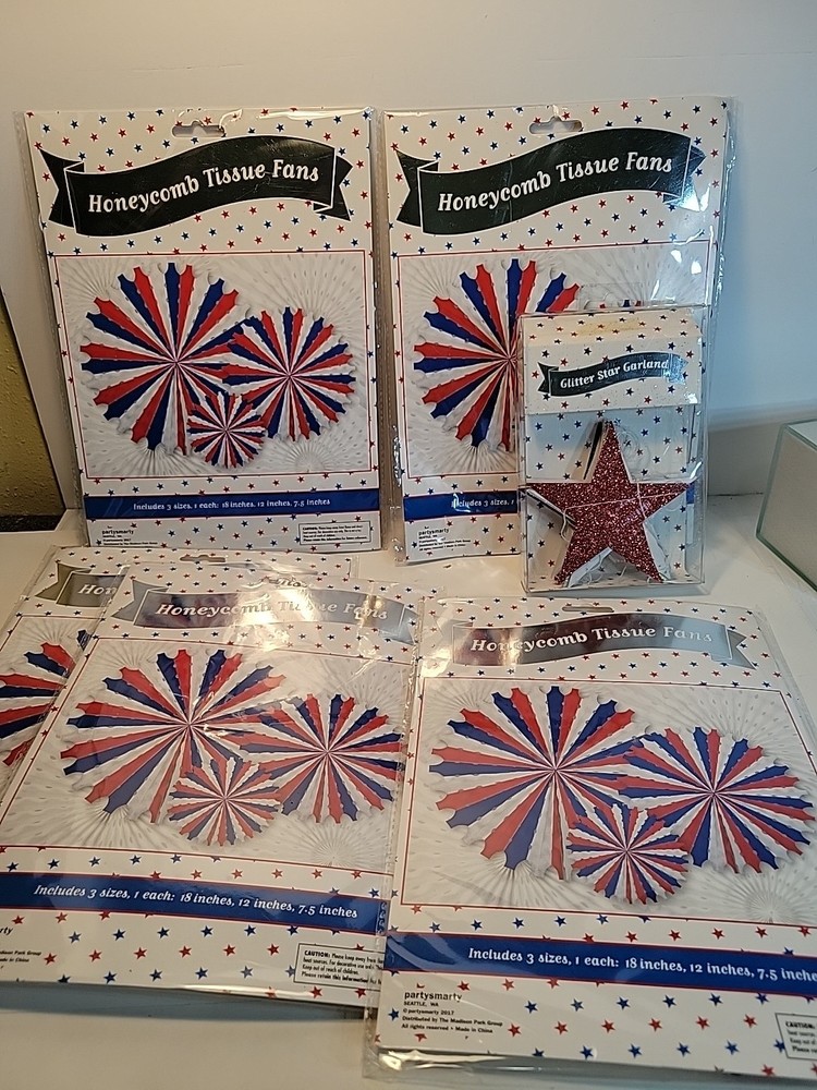 Partysmarty Honeycomb Tissue Fans Red White Blue Patriotic 4th July Lot Of 5