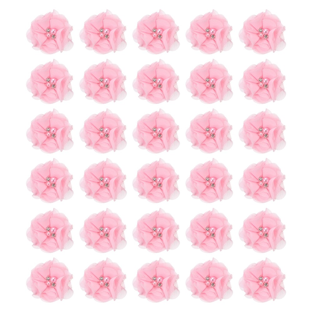 30Pcs 2″ Chiffon Flowers with Rhinestone Pearl Sewing Fabric Flowers, Pink