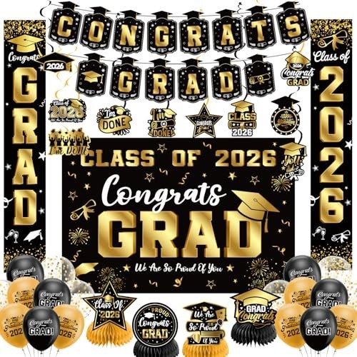 Graduation Decorations 2026 Set Black Gold, Congrats Grad Decor Set with Banner