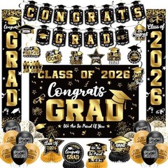 Graduation Decorations 2026 Set Black Gold, Congrats Grad Decor Set with Banner