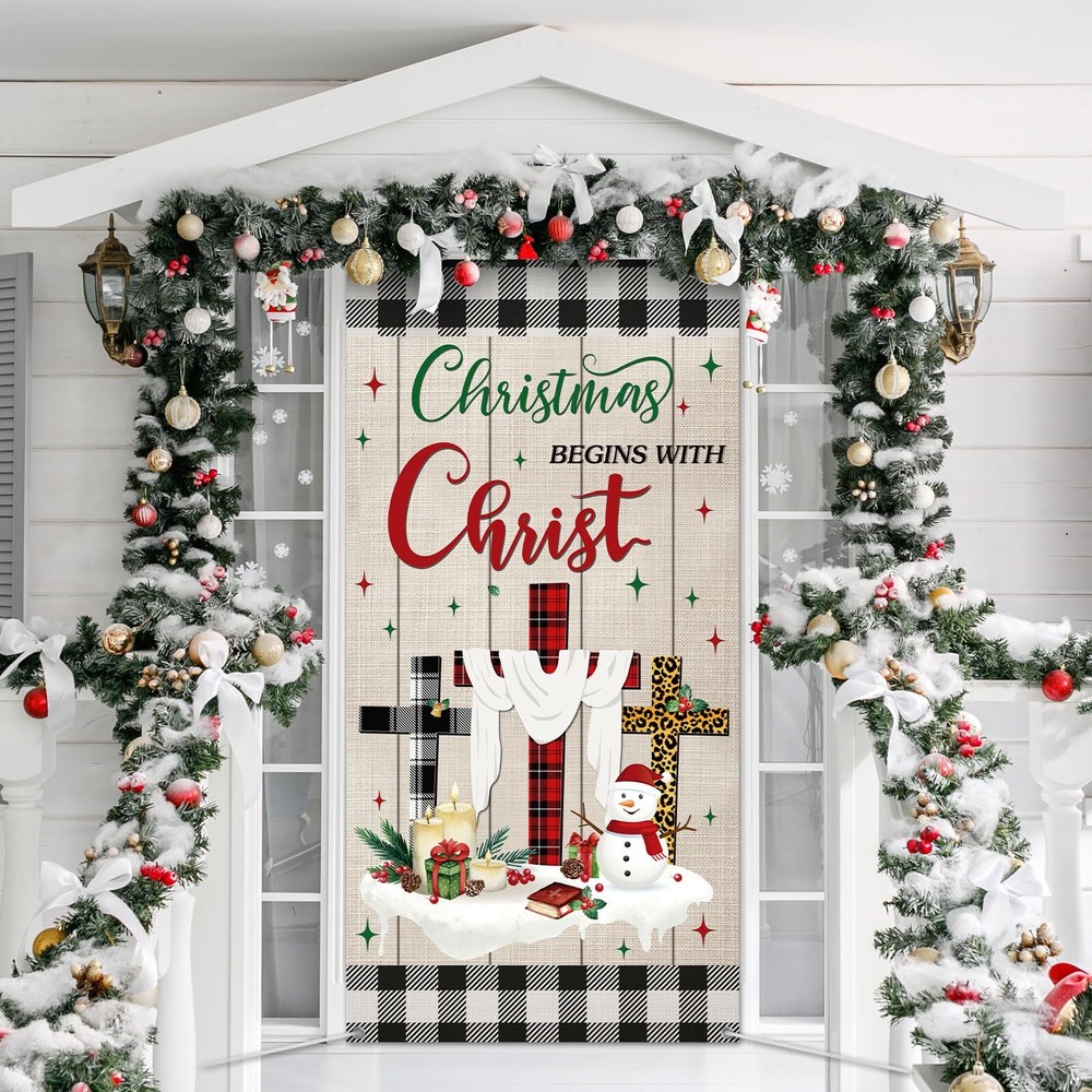 Christmas Door Cover Religious Front Door Decorations with Christ
