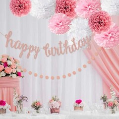 4-in-1 Rose Gold Glittery Party Decor: Banner, Poms, Circle & Tassel Garlands